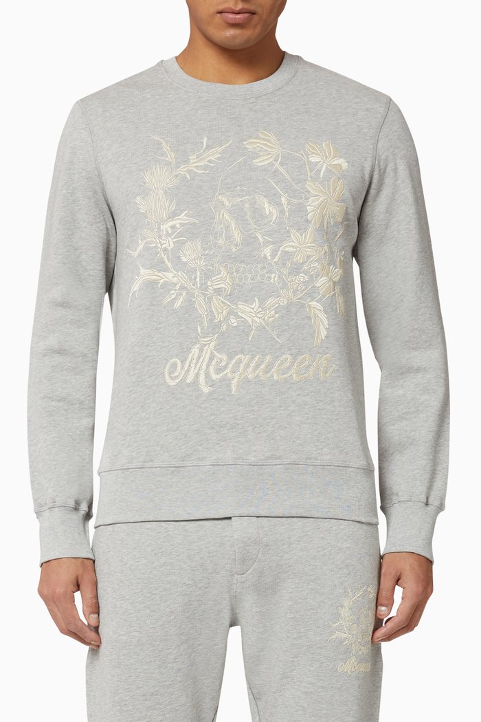 

Deconstructed Floral Skull Cotton Sweatshirt, Grey