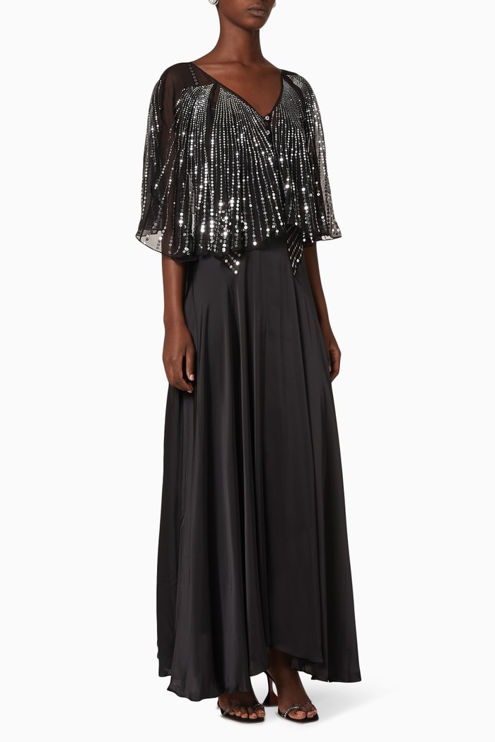 

Sequin Cape Satin Dress, Black