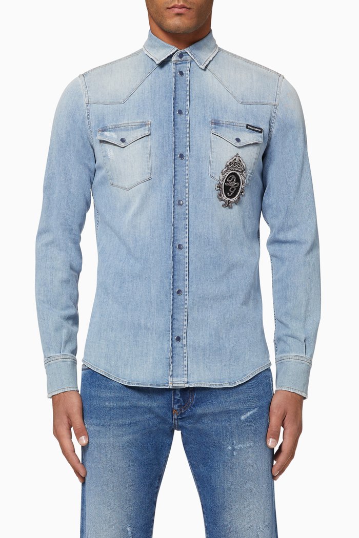 

DG Crown Patch Stretch Denim Shirt, Blue