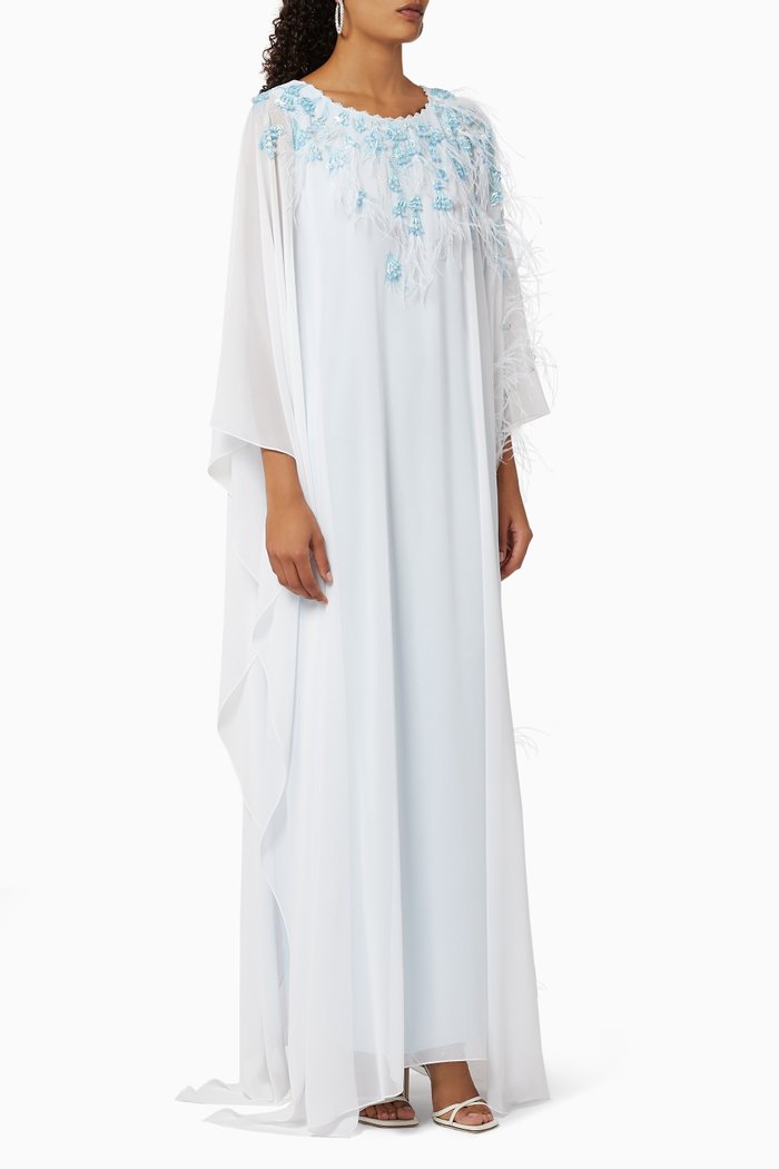 

Feather Embroidered Chiffon Kaftan, Blue