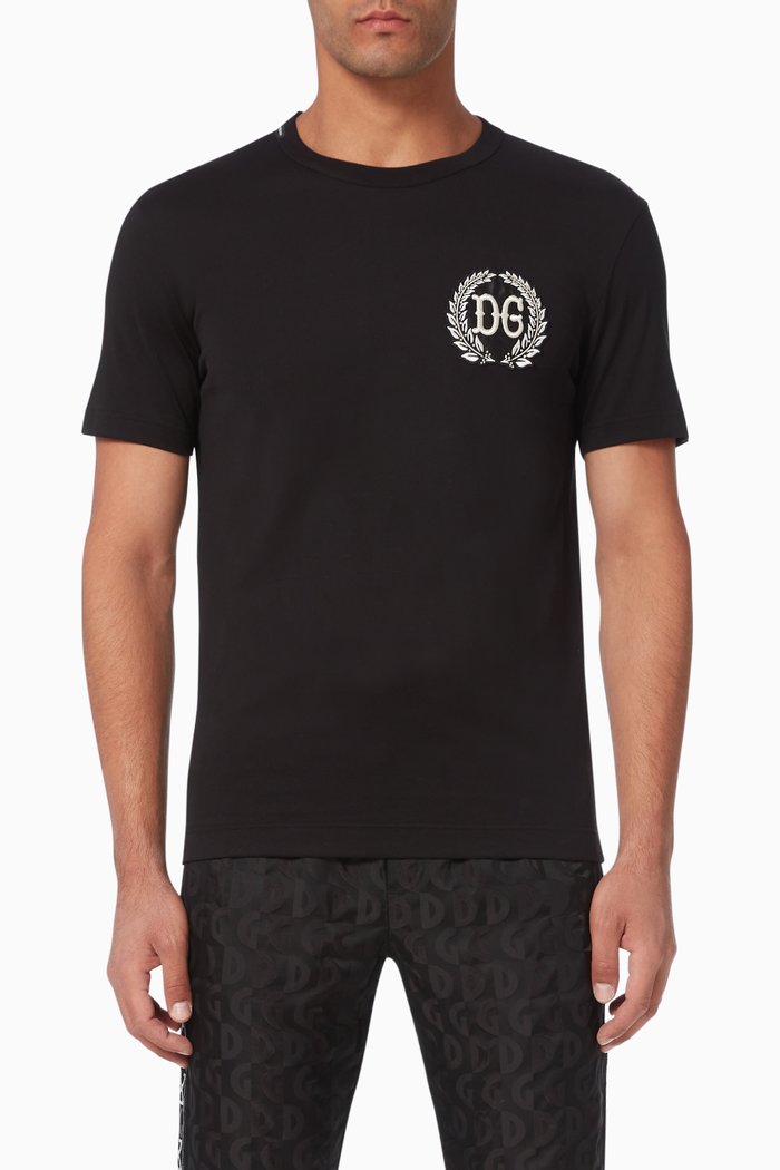 

DG Leaf Embroidery Cotton T-Shirt, Black
