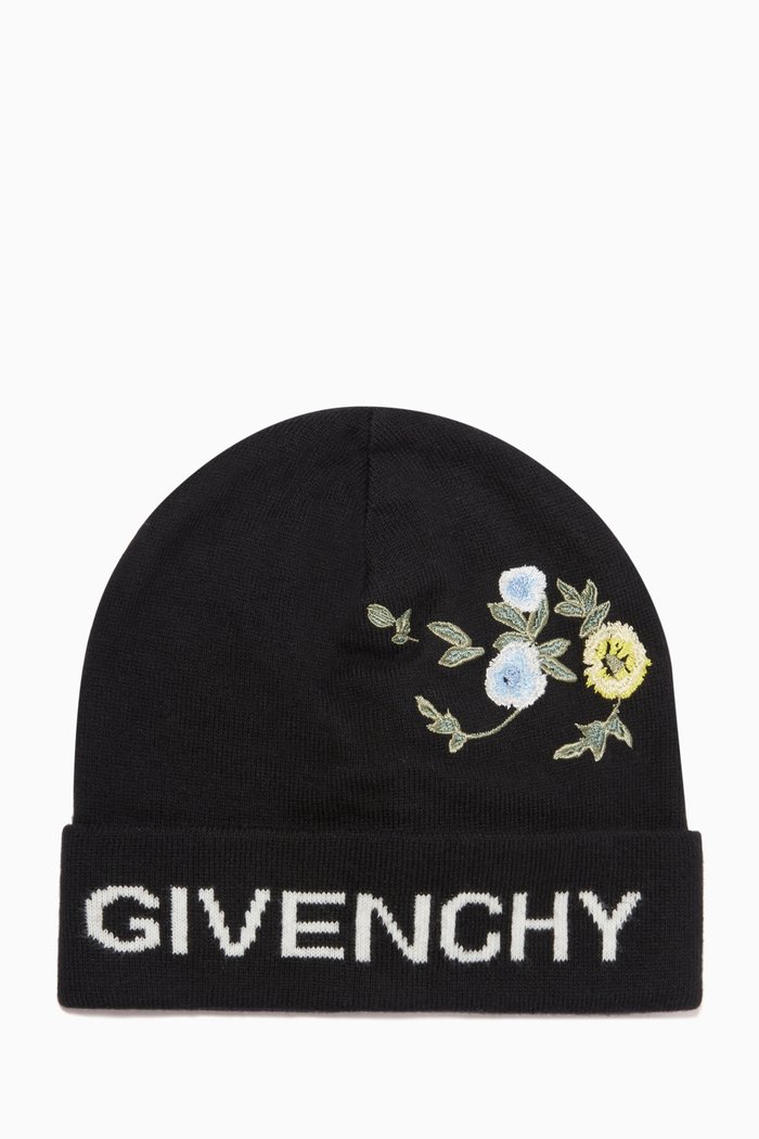 

Flowers Embroidered Beanie in Cotton-Cashmere, Black