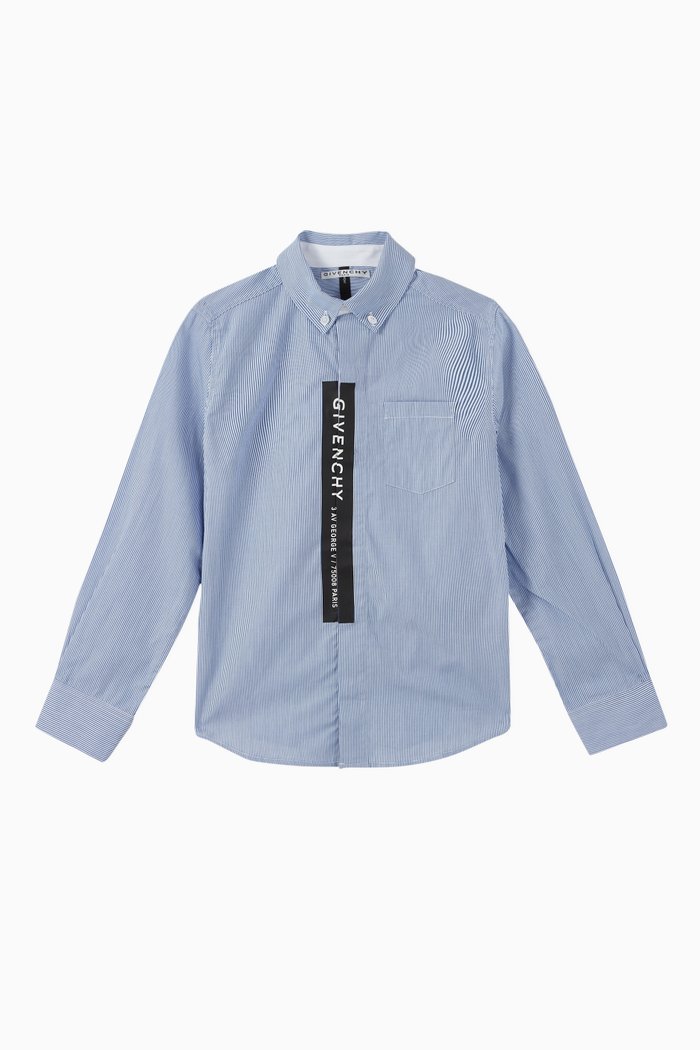 

Logo Placket Striped Cotton Shirt, Blue