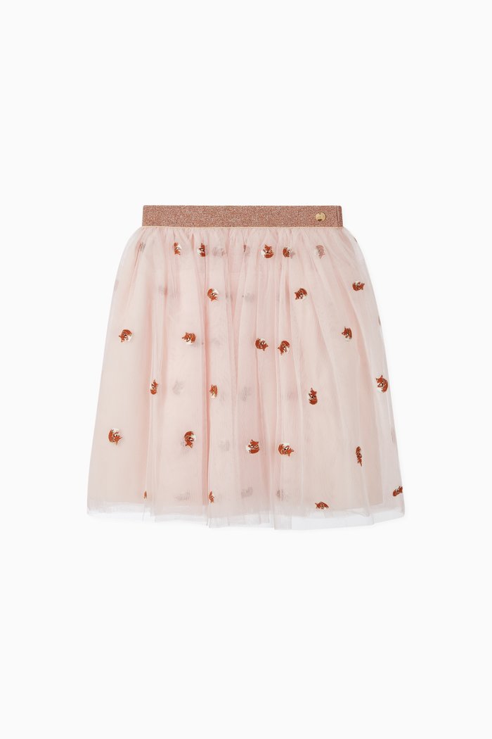 Fox Embroidered Tulle Skirt, Pink