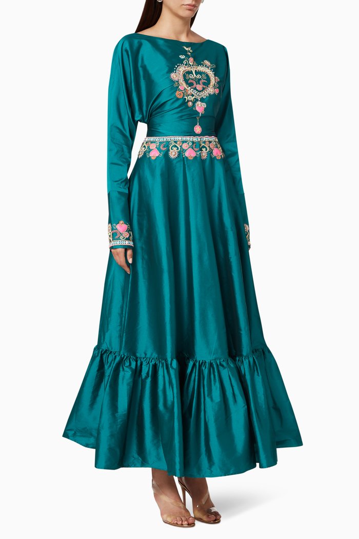 

Embroidered Taffeta Dress, Green