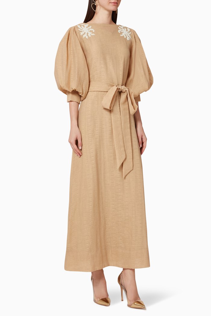 Embellished Cotton Belted Kaftan, Neutral