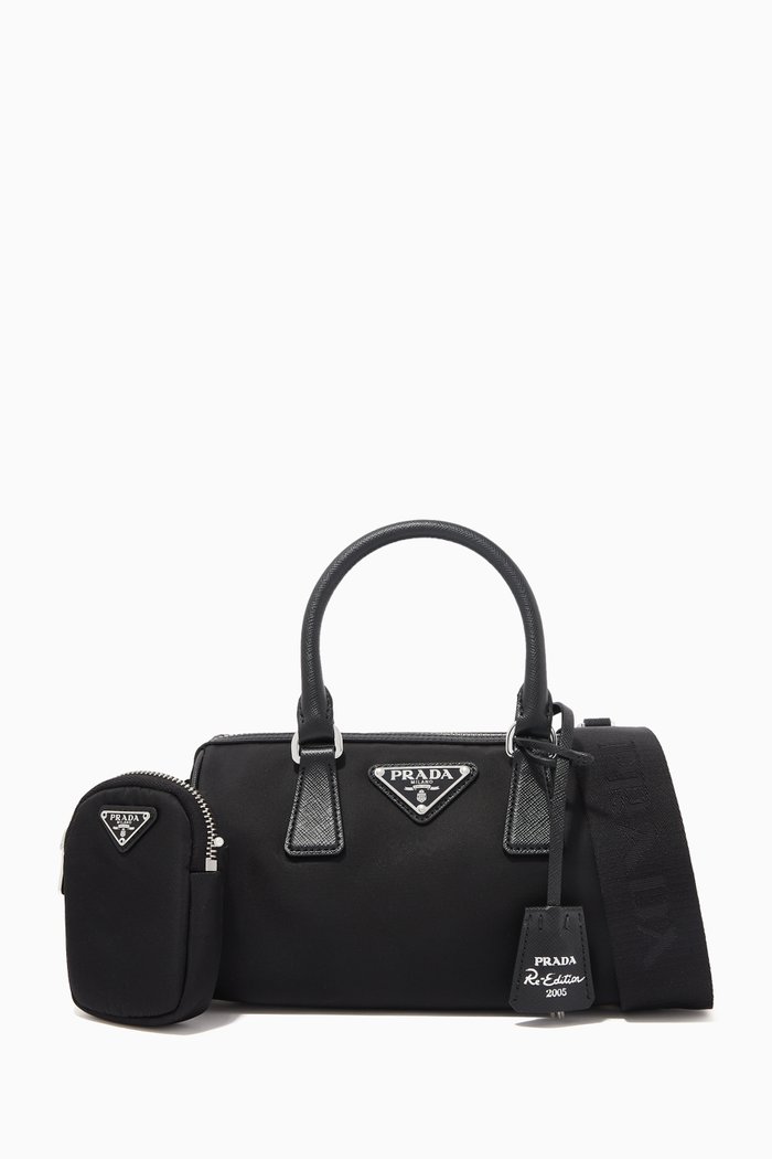 Mini Bauletto Bag in Nylon & Saffiano Leather, Black