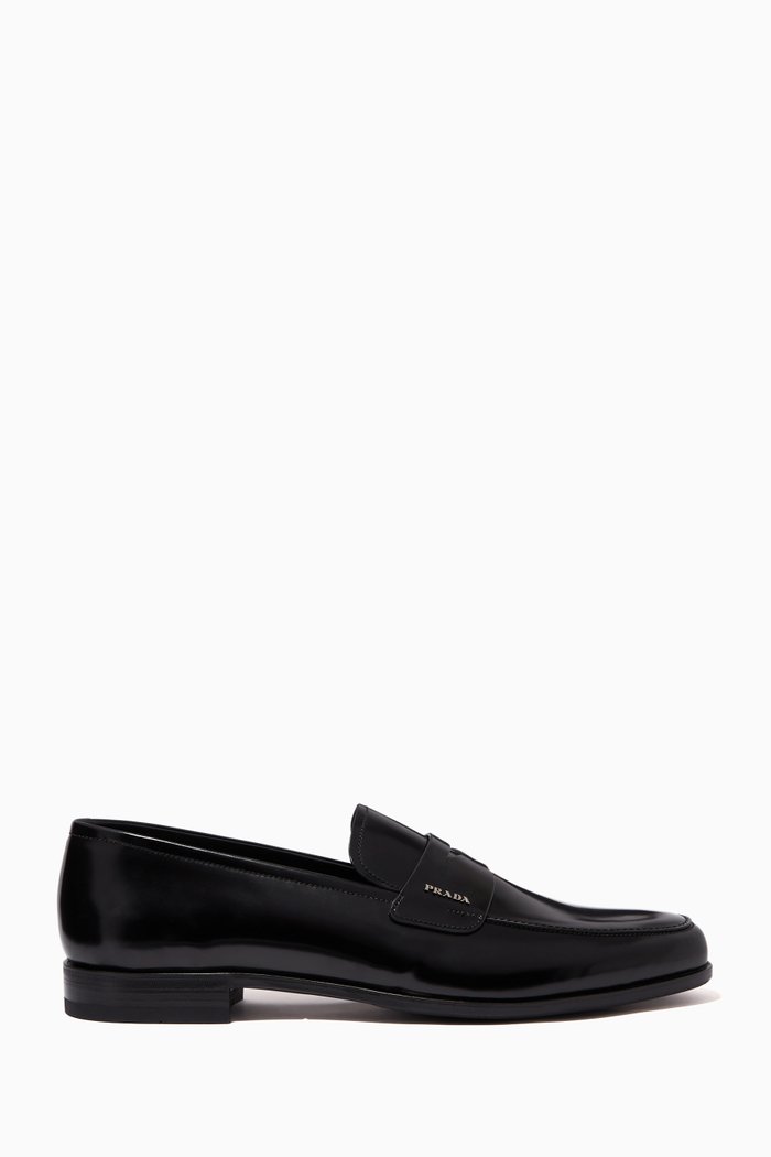 Metal Logo Loafers in Brushed Leather, Black