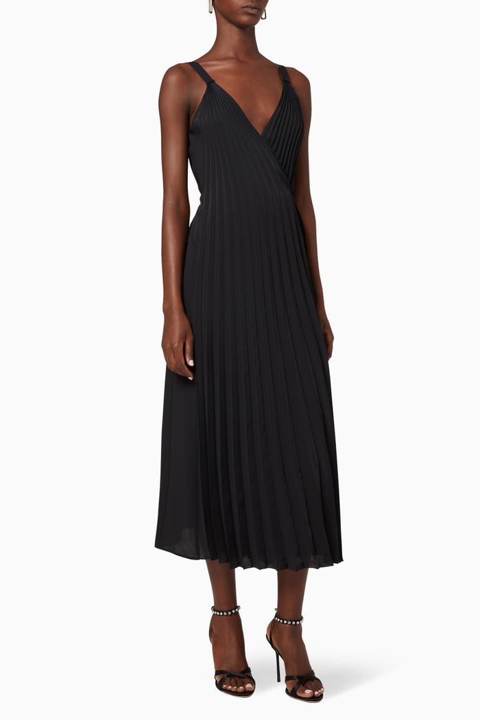 

Chiffon Pleated Wrap Dress, Black