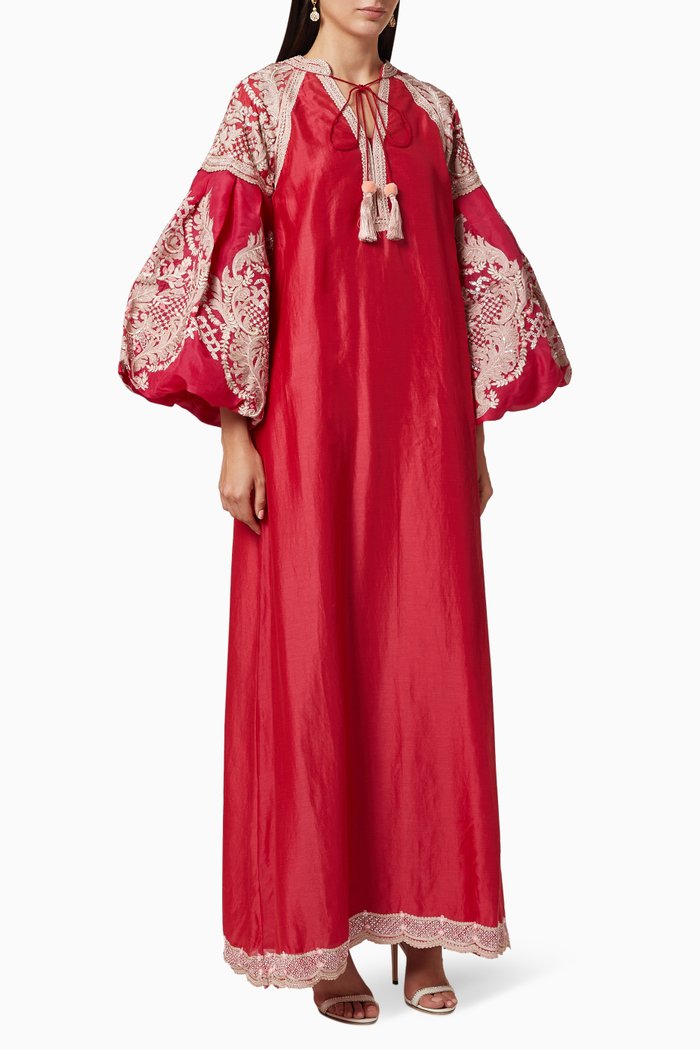 

Embroidered Puffy Sleeve Kaftan, Red
