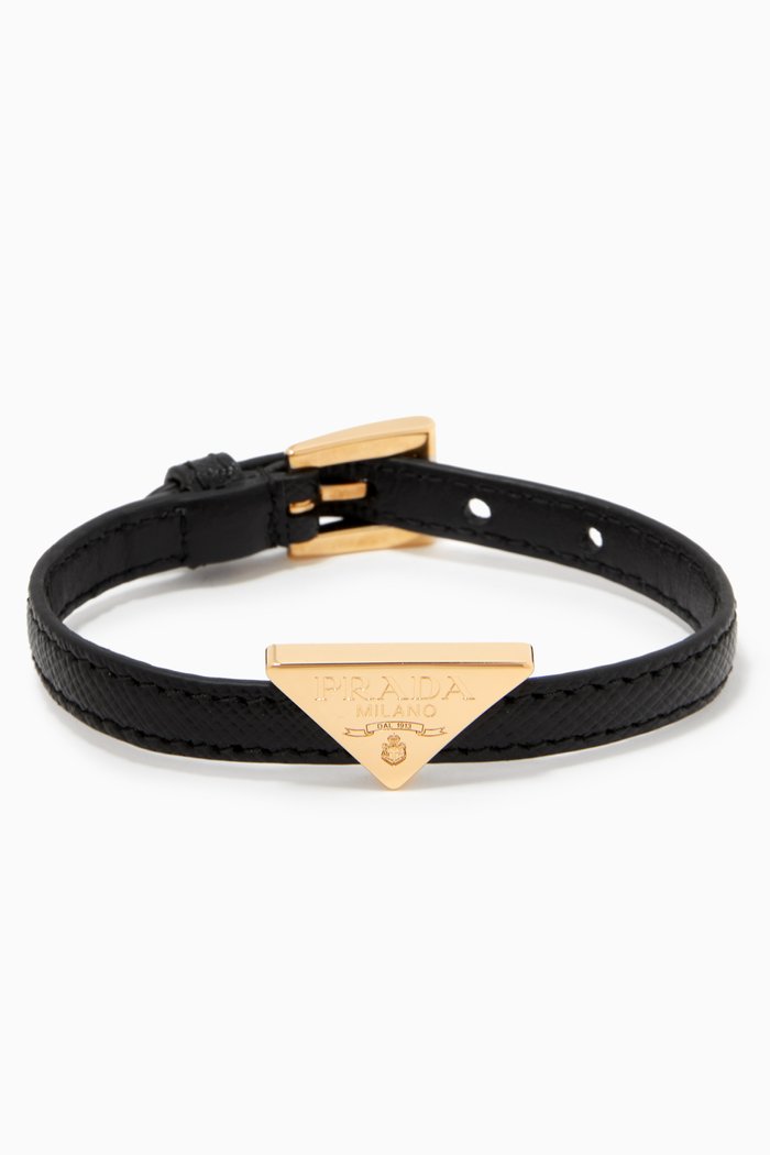 

Triangle Logo Bracelet in Saffiano Leather, Black