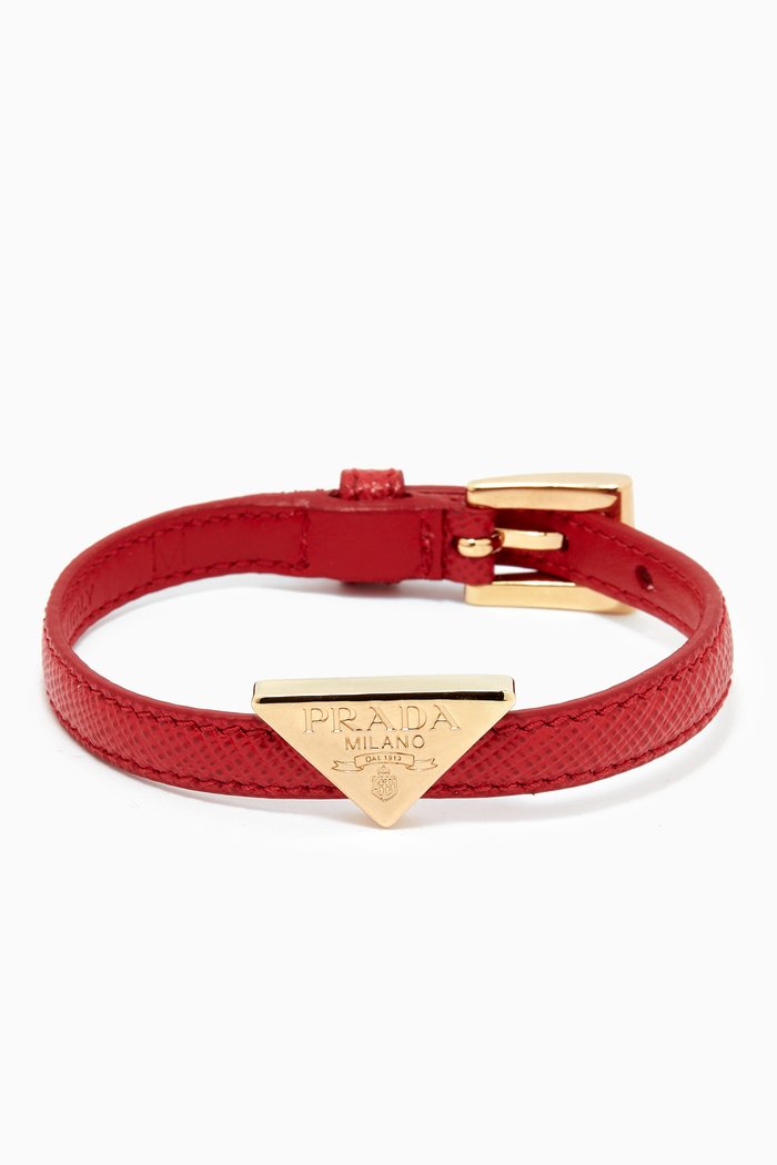 

Triangle Logo Bracelet in Saffiano Leather, Red