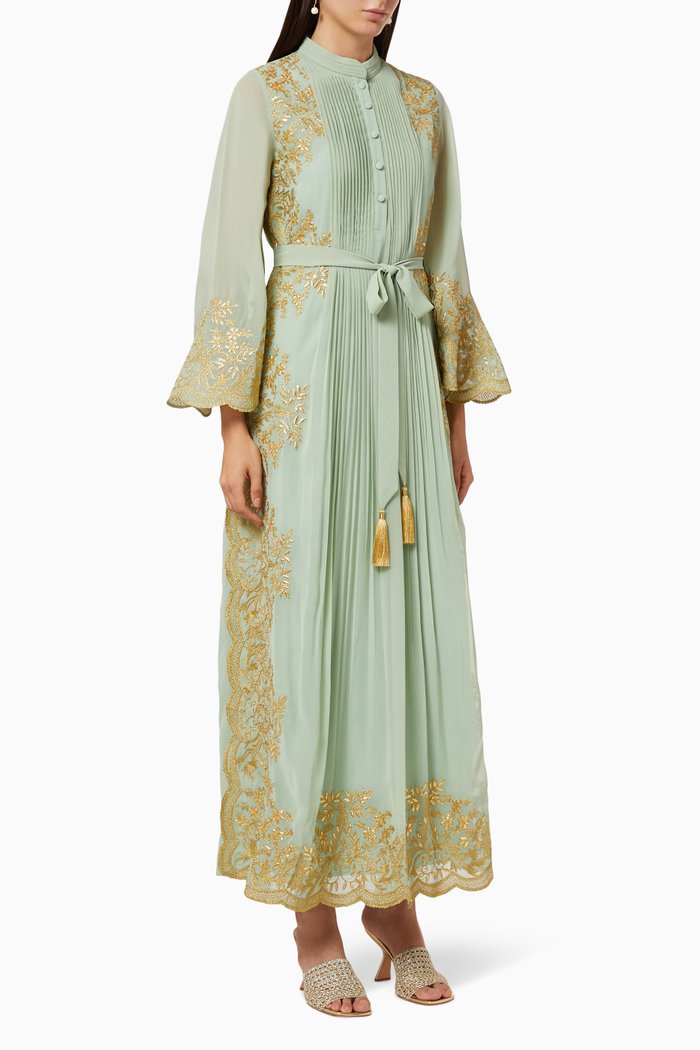 

Embroidered Pleated Kaftan, Green