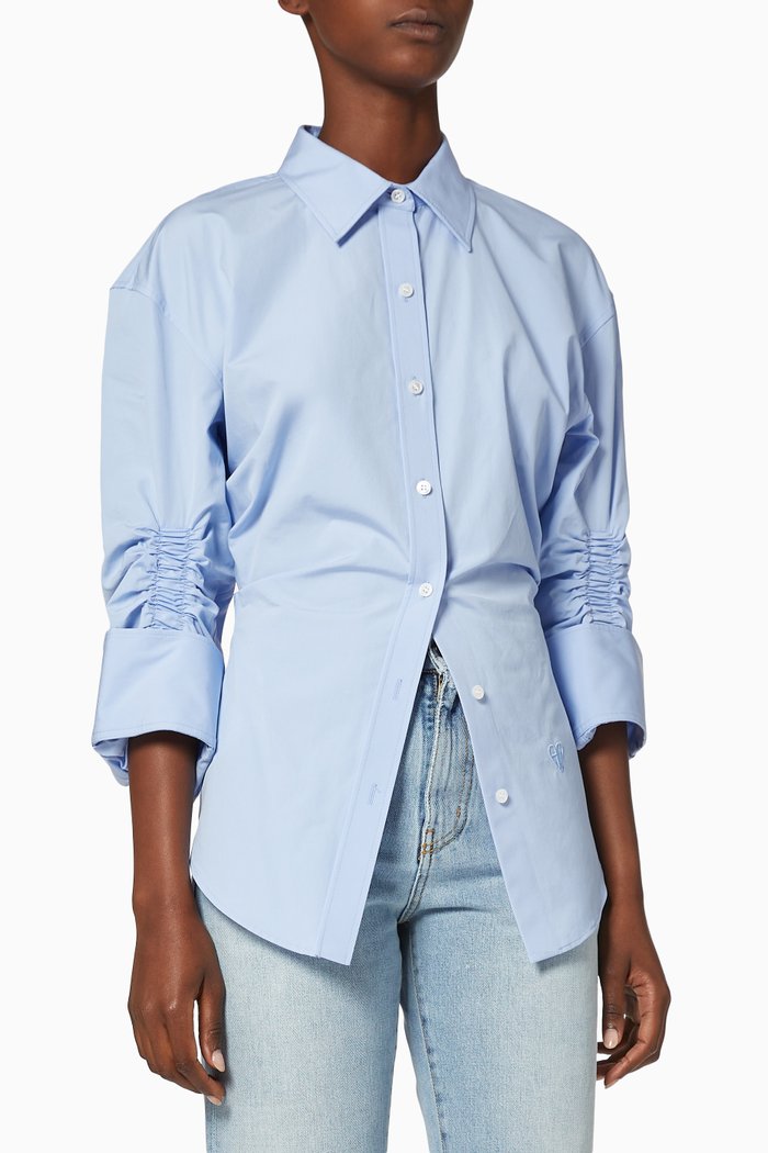 

Cinched Button-Down Cotton Shirt, Blue
