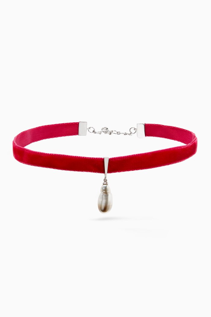 Wan Design Pearl Pendant Velvet Choker in 18kt White Gold, Silver