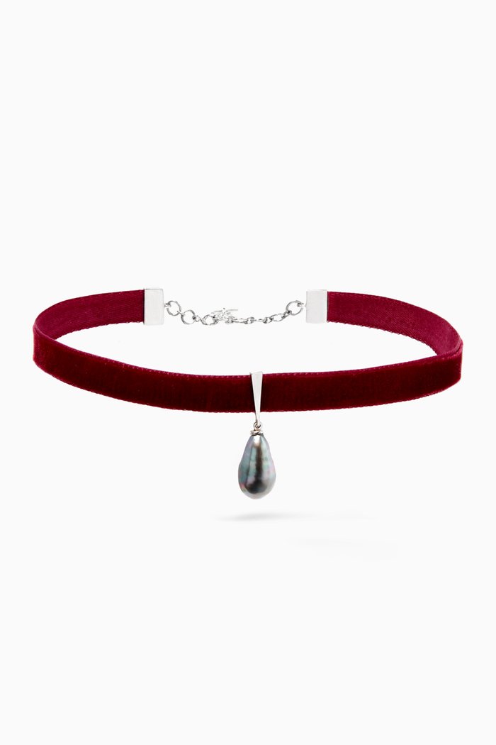 

Wan Design Pearl Pendant Velvet Choker in 18kt White Gold, Silver