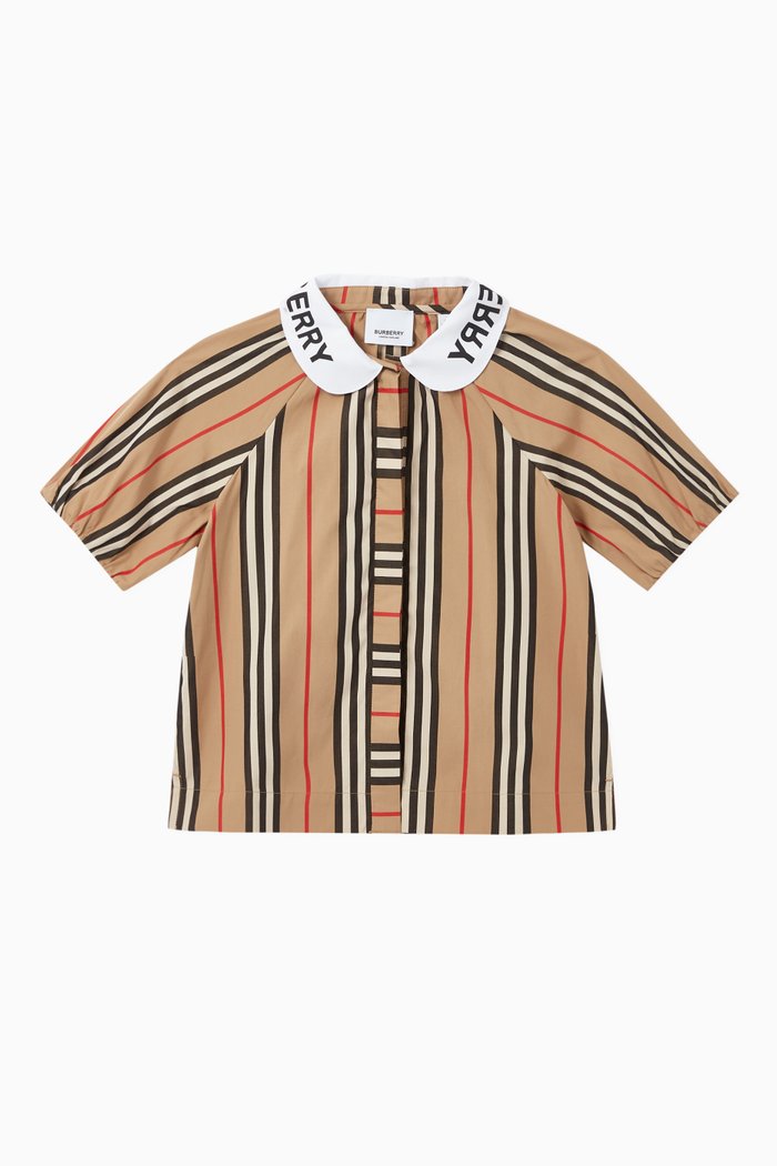 

Puff-Sleeve Icon Stripe Cotton Blouse, Neutral