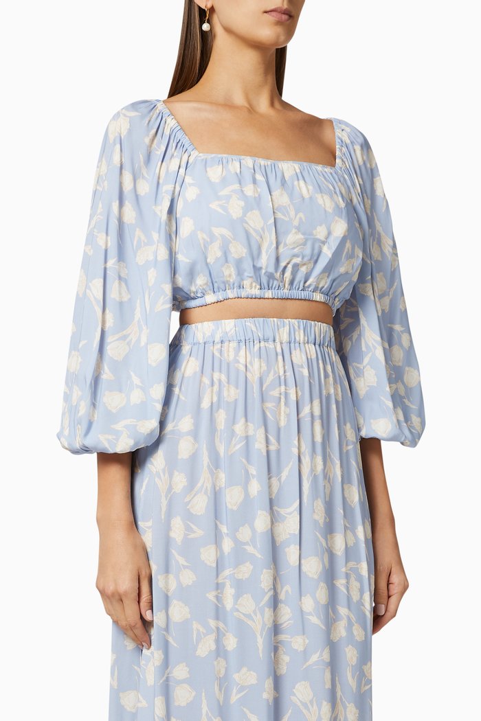 

Printed Long-Sleeved Crop Top, Blue