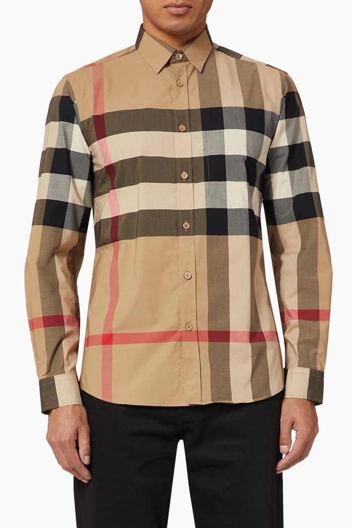 

Check Stretch Cotton Poplin Shirt, Neutral