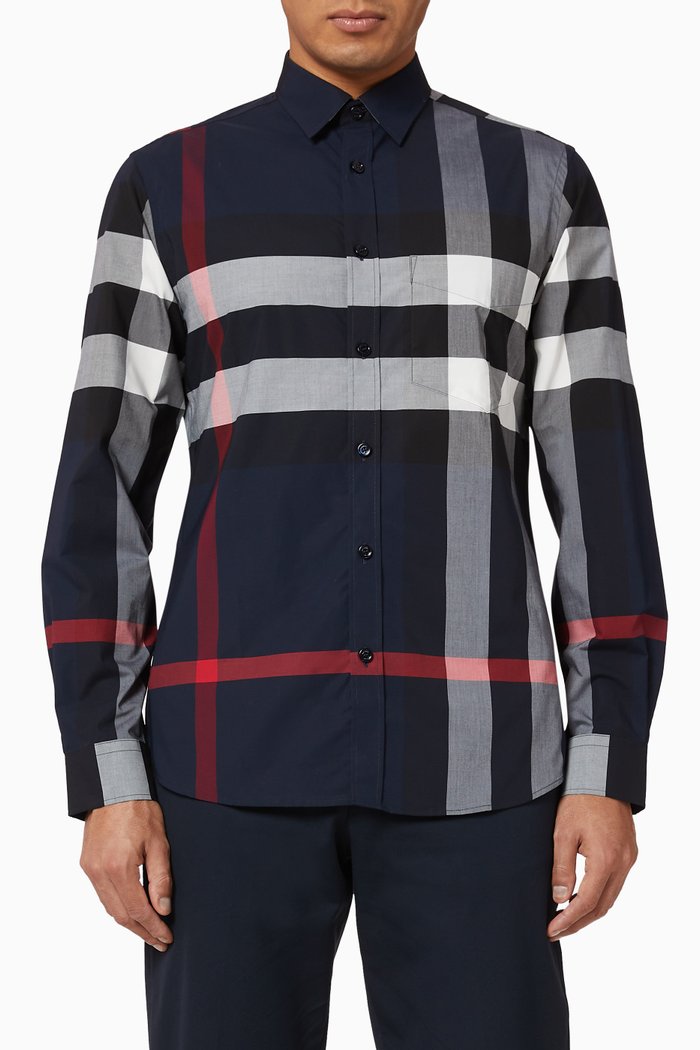 

Check Stretch Cotton Poplin Shirt, Blue