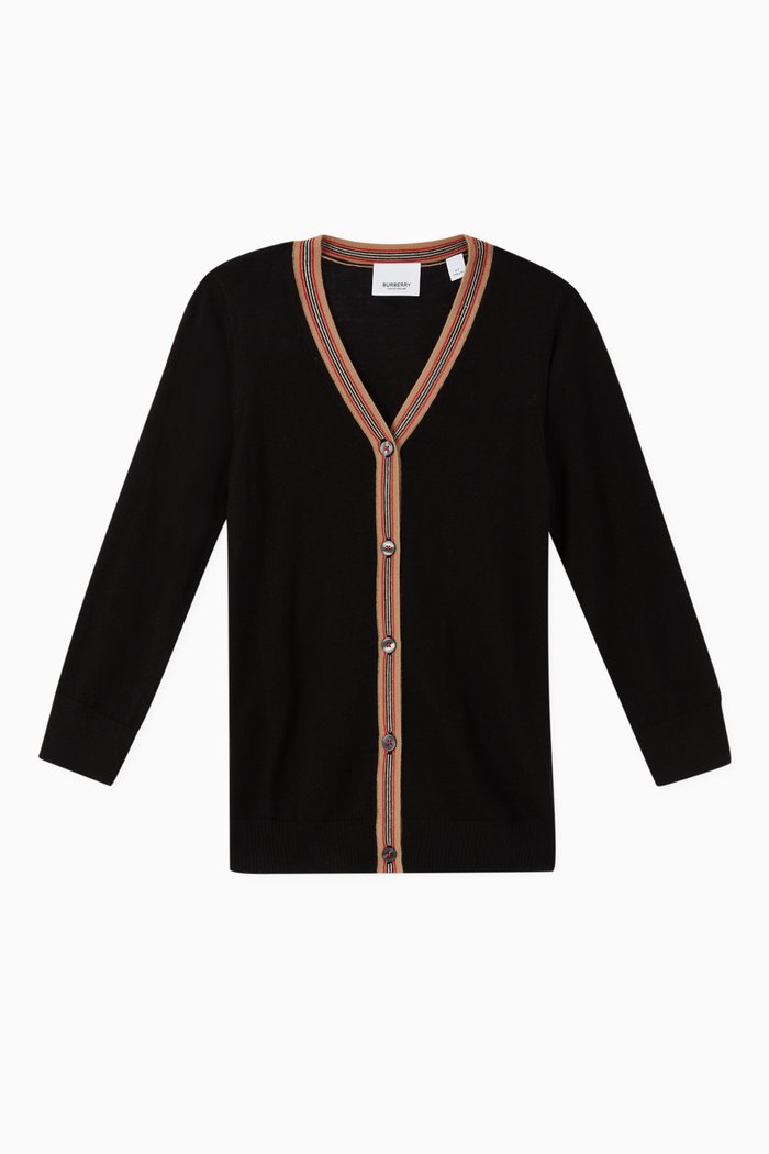 Icon Stripe Detail Merino Wool Cardigan, Black