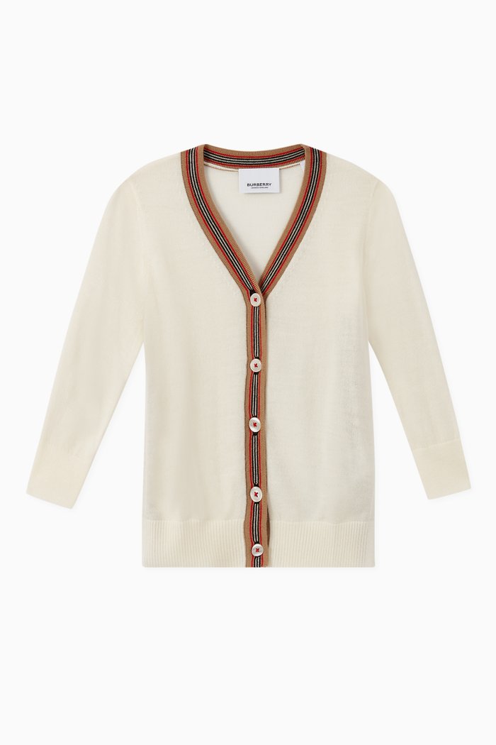 Icon Stripe Detail Merino Wool Cardigan, Neutral