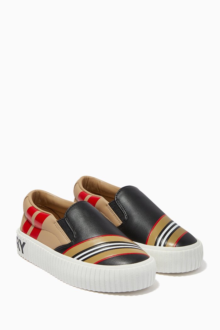 Slip-on Sneakers in Icon Stripe Leather, Black