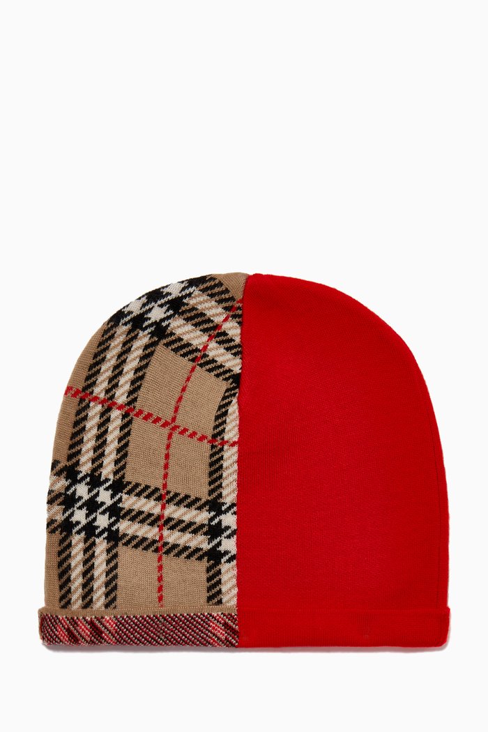 

Colour-Block Vintage Check Merino Wool Beanie, Red