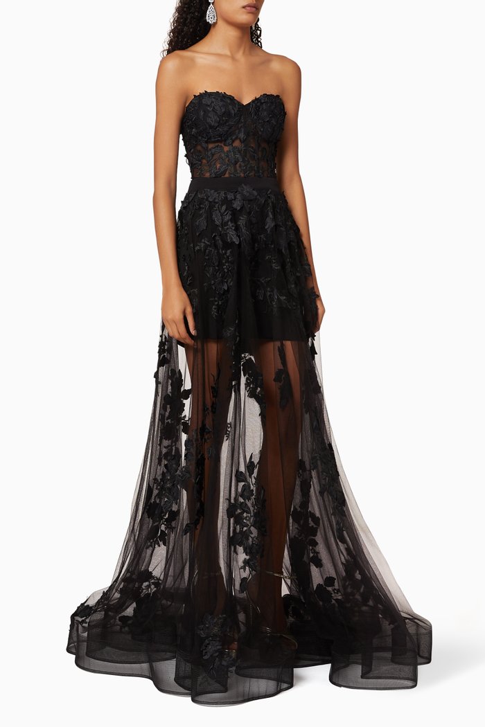 

Flower Appliqué Gown, Black