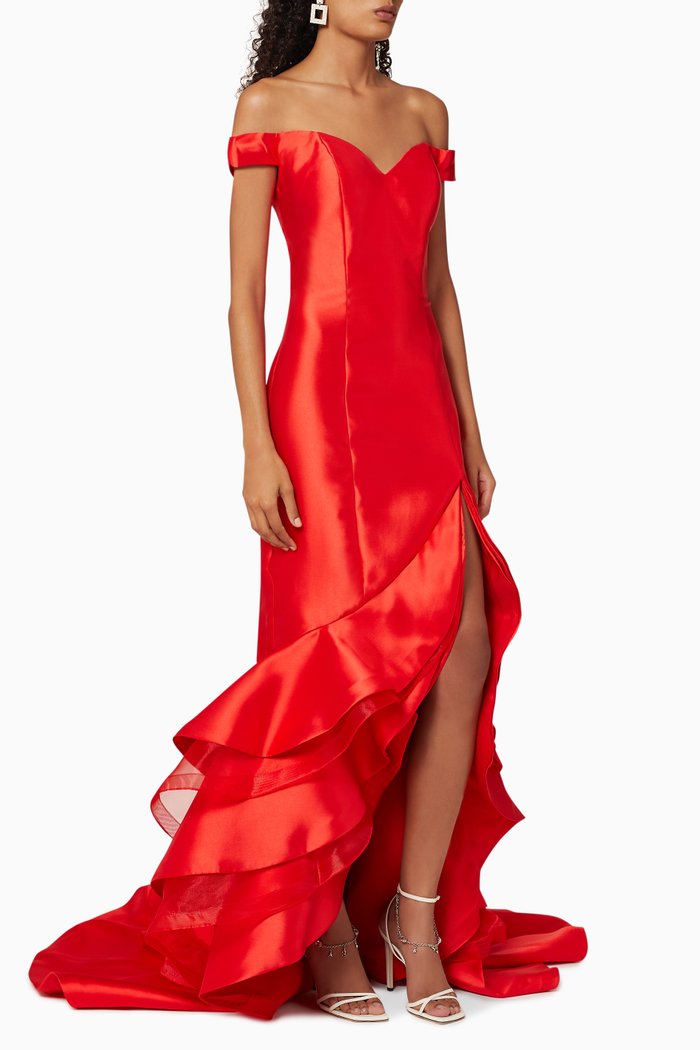 

Off-The-Shoulder Ruffle Detail Gown, Red