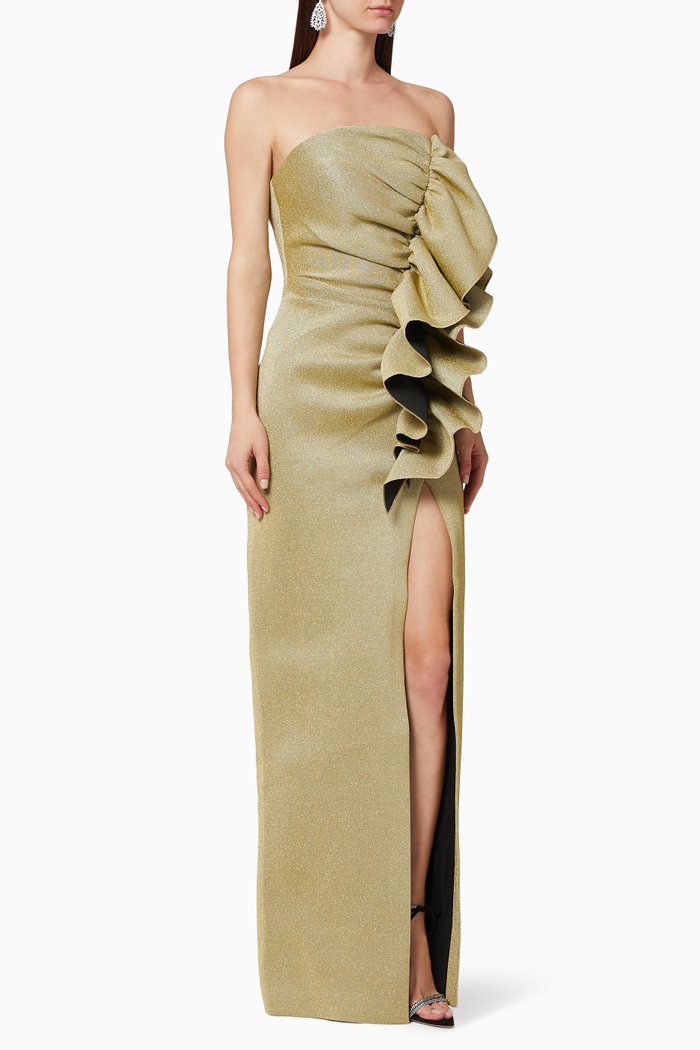 Ruffle Detail Lurex Gown, Gold