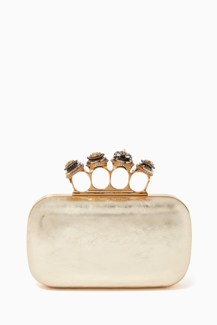 

Spider Jewelled Four Ring Box Clutch in Metallic Leather, Gold