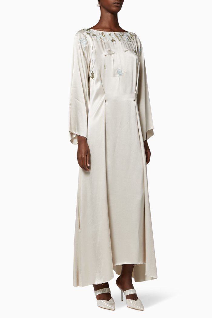 

Bird Embroidered Silk Kaftan, Silver