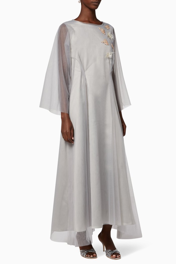 

Bird Embroidered Tulle Kaftan, Grey