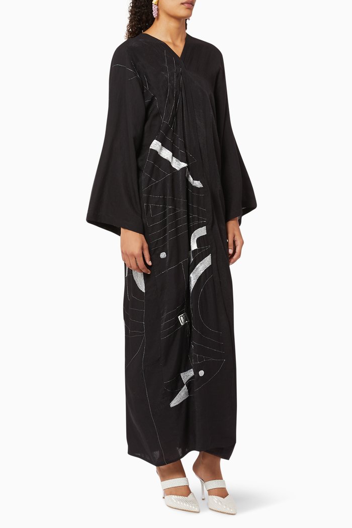 

Embellished Linen Abaya, Black
