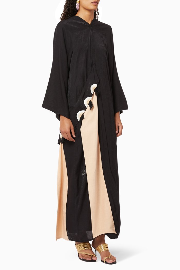 

Two-Tone Linen Abaya, Black