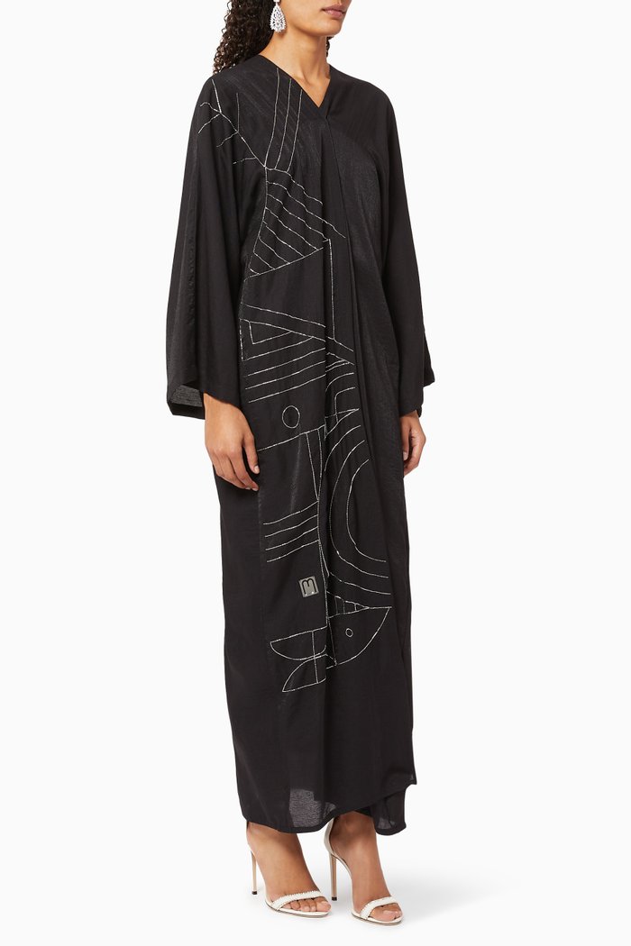 

Embroidered Linen Abaya, Black