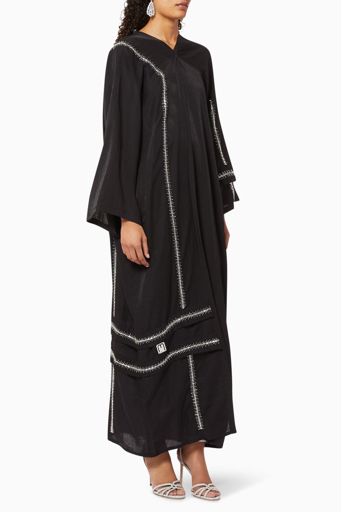 Embellished Linen Abaya, Black