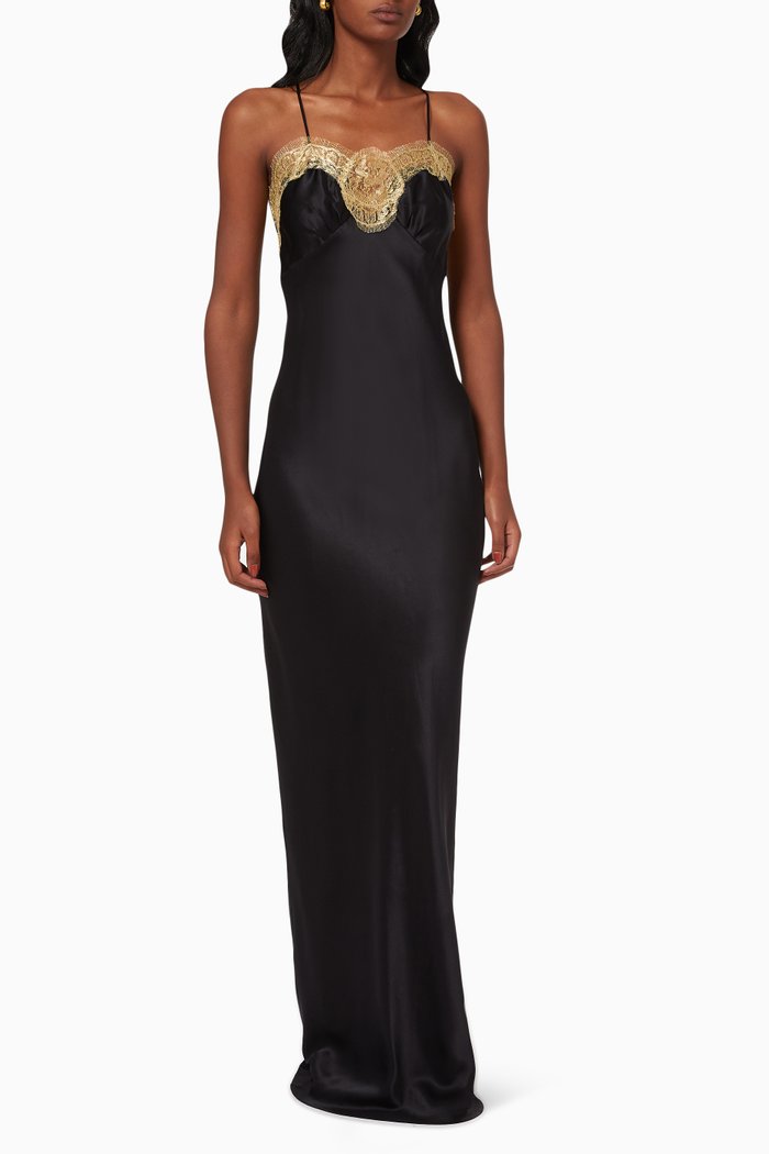 

Gina Long Slip Dress in Silk & Lace, Black