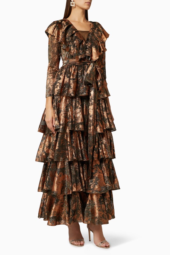 

Foil Tiered Ruffle Dress, Gold