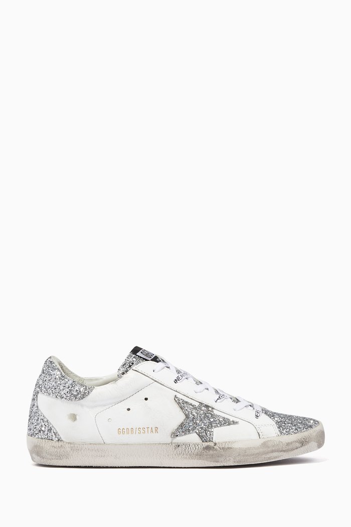 

Super-Star Sneakers with Glittery Star & Insert in Leather, Silver