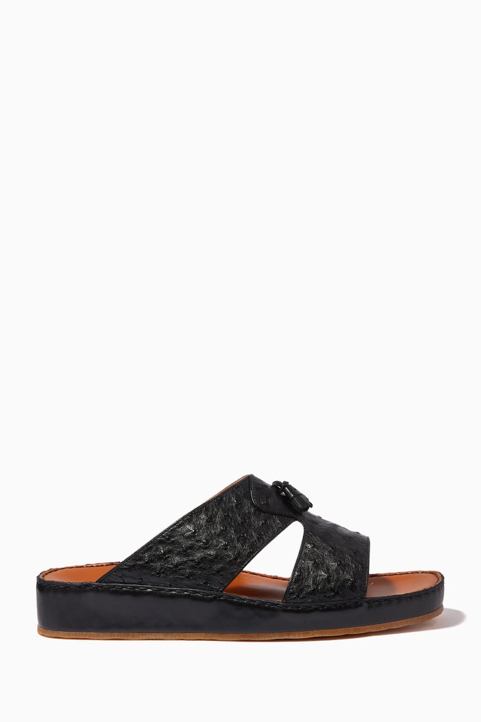 Inclinato Arca Sandals in Ostrich Leather, Black