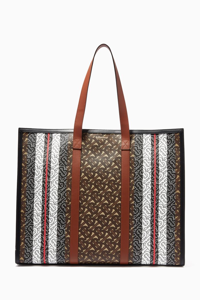 Tote Bag in Monogram Stripe E-Canvas, Brown