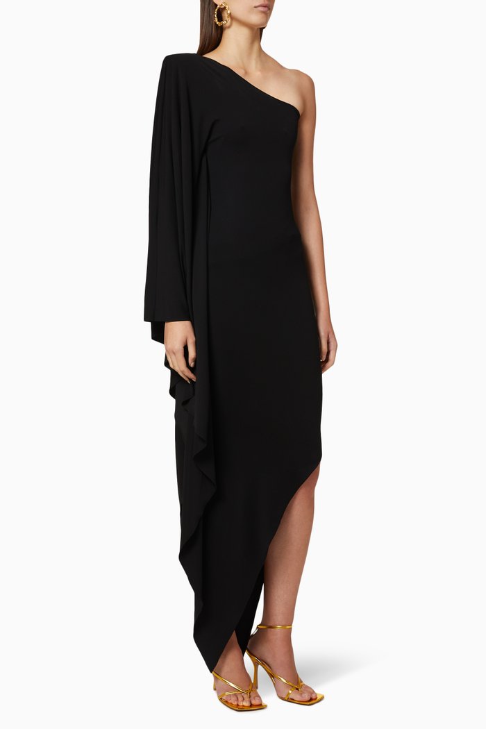 Draped One-Shoulder Jersey Long Dress, Black