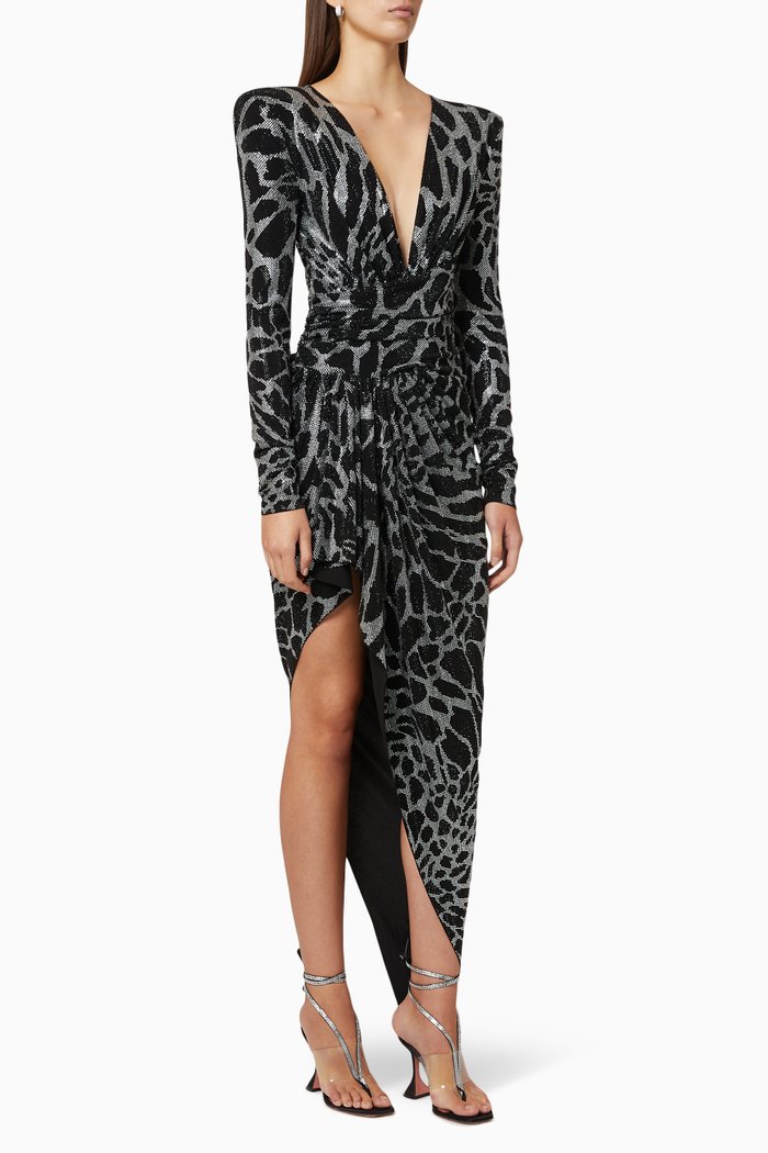

Giraffe Print Crystal Embellished Long Dress, White