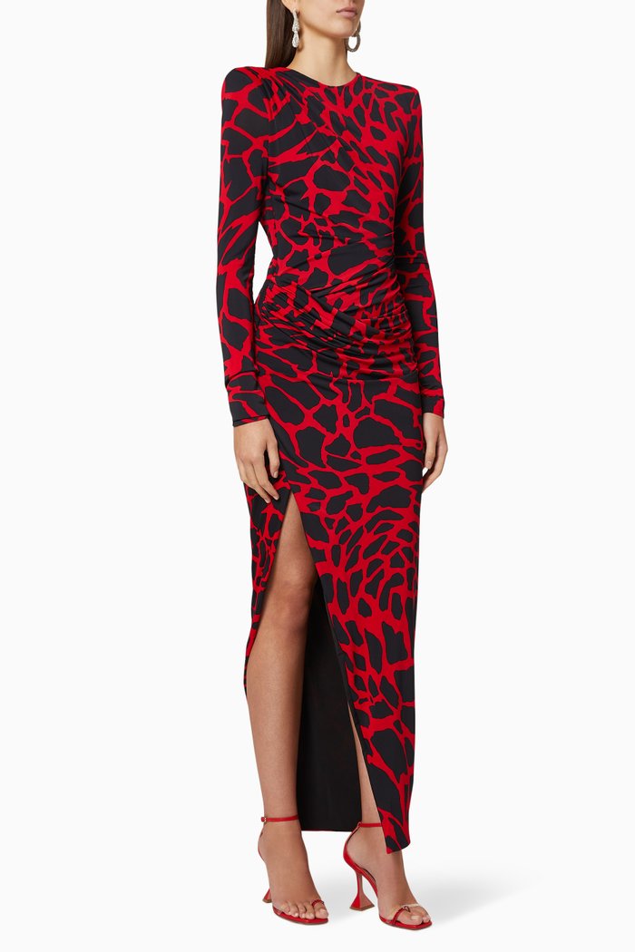 

Giraffe Print Jersey Long Dress, Red