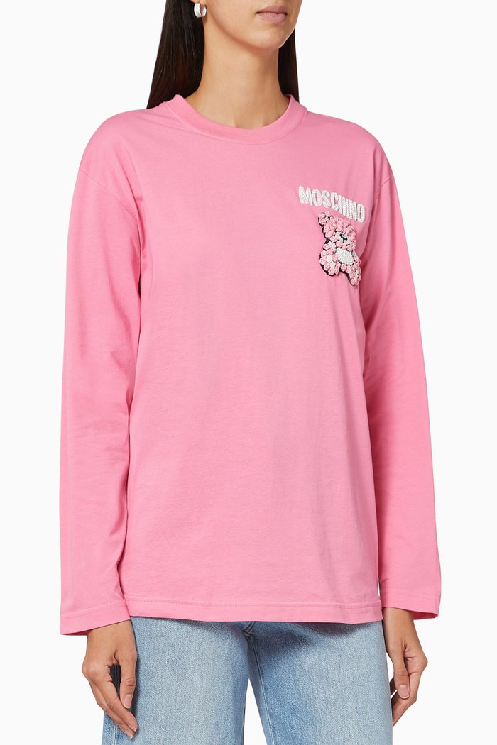 

Embroidered Teddy Bear Oversized Cotton T-Shirt, Pink