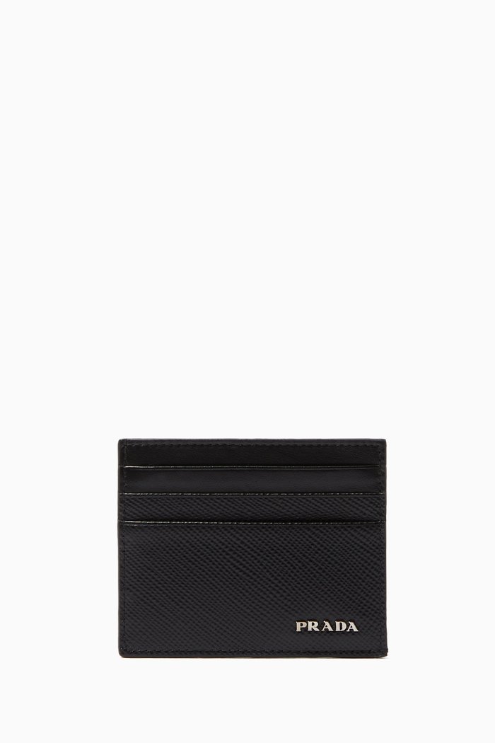 

Metal Logo Card Holder in Saffiano Leather, Black