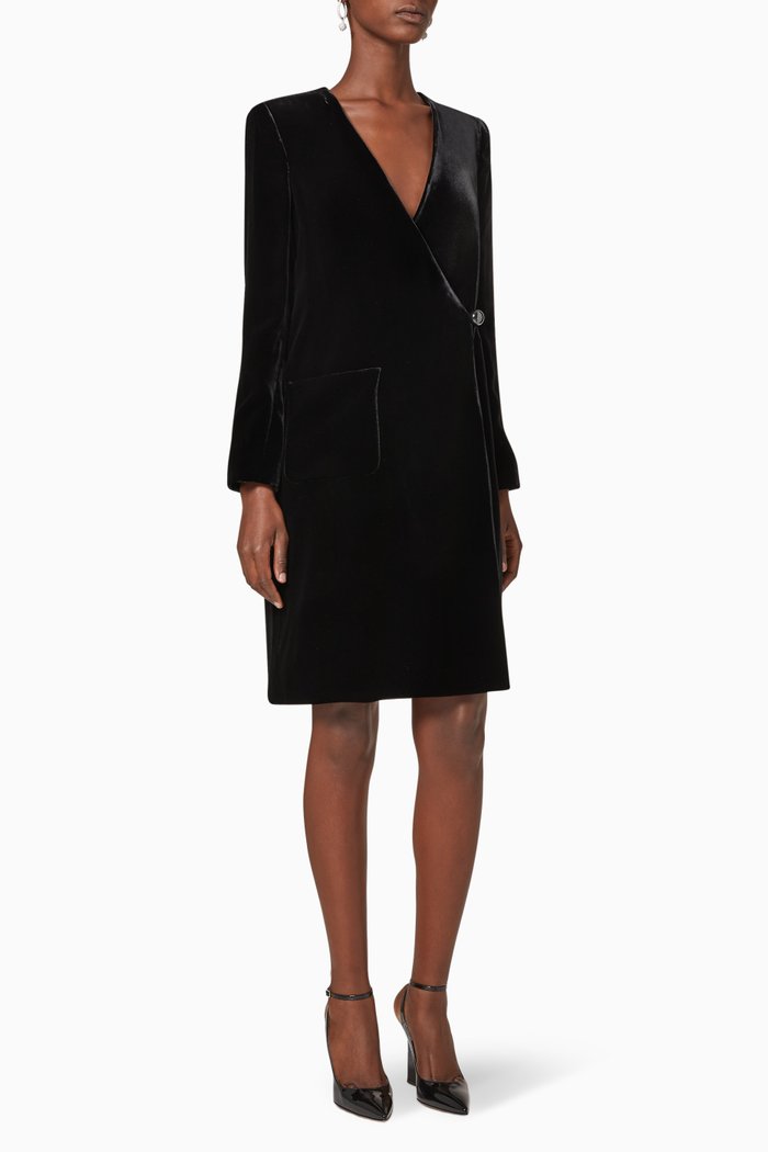 

Liquid Velvet Cross-Over Coat Dress, Black