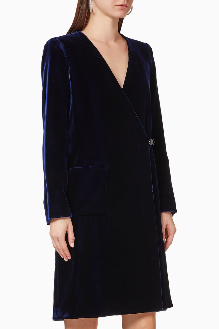 Liquid Velvet Cross-Over Coat Dress, Blue